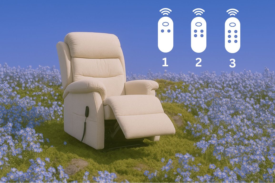 Riser Recliner in a grassy meadow with remote icons